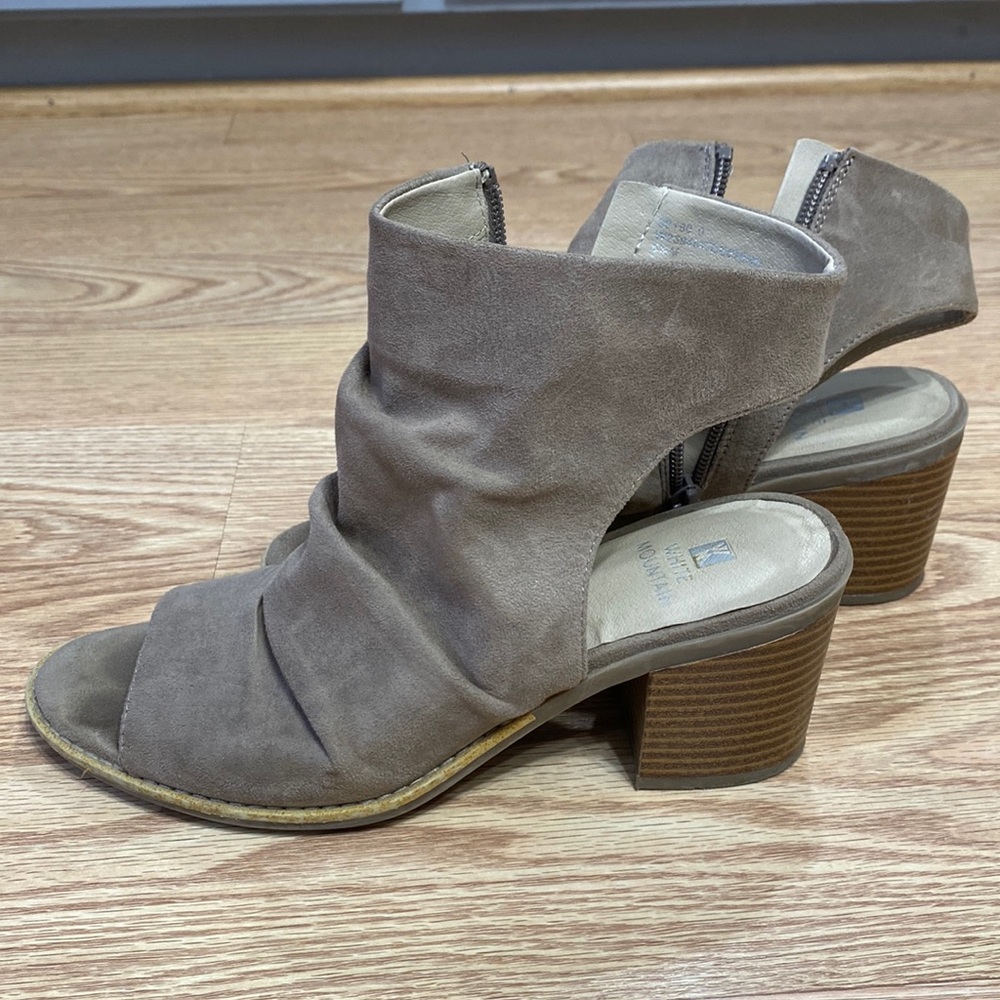 White mountain tan, suede peep toe booties